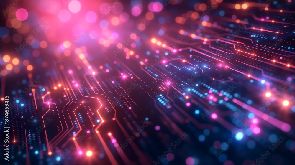 Poster a colourful image of a circuit board with many small lights. the image has a futuristic and technolo