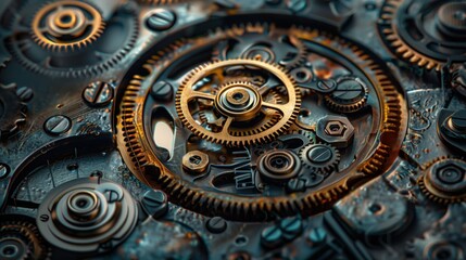 Close-up of intricate clockwork mechanism with gears and cogs, showcasing precision engineering and detailed craftsmanship.