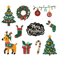 A large set of icons for Christmas and New Year holidays. Flat style collection. Vector illustration of Christmas elements.