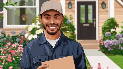 Smiling delivery man holding a package in front of a house with a garden, ready for delivery on a sunny day.