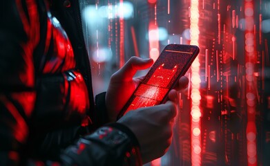 A man holding his smartphone with a red scary face icon and binary code on the screen, depicting an online security concept in a closeup view with a digital identity style and futuristic background