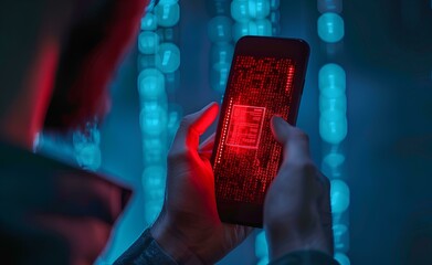 A man holding his smartphone with a red scary face icon and binary code on the screen, depicting an online security concept in a closeup view with a digital identity style and futuristic background