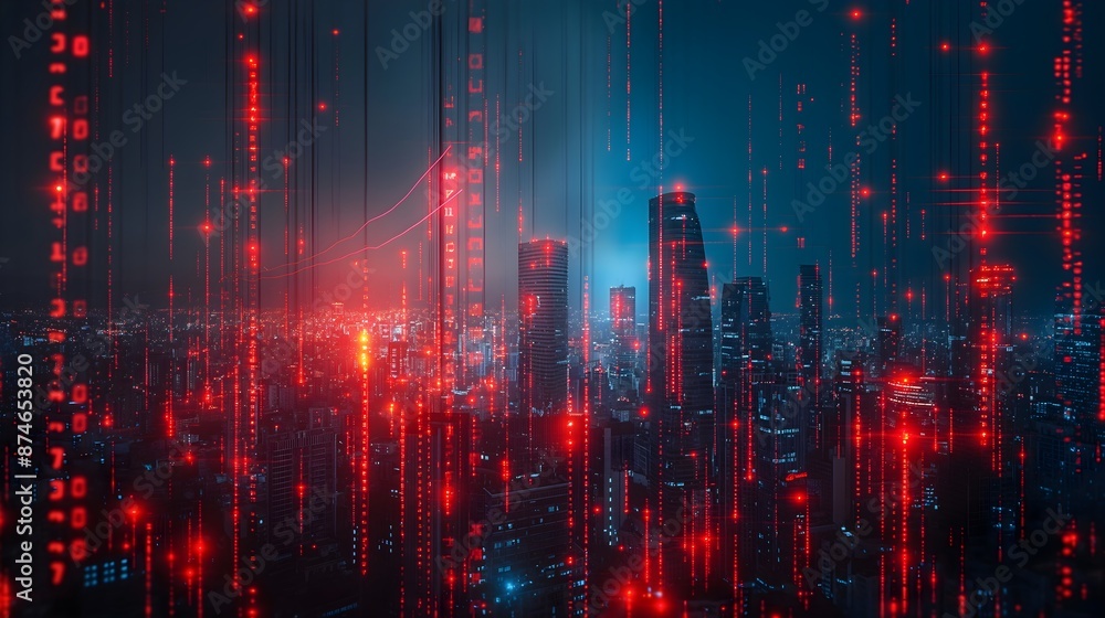 Poster a cityscape with red lights and a red background. the city is lit up with red lights, creating a vib
