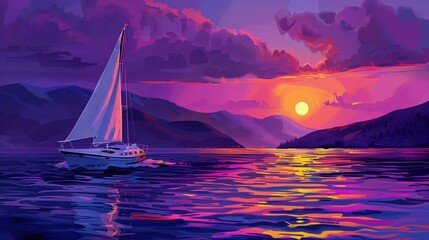 Fototapeta premium Sunset illustration colorful depicting sailboat moving gentle ocean waves in sky leisure sailing sea mountains landscapes travel