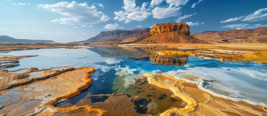 Naklejka premium Reflective Landscape with Mountain and Mineral Deposits
