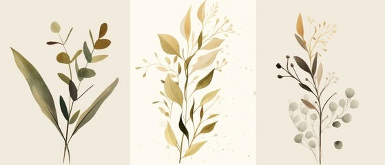 Naklejka premium Set of Three Minimalistic Botanical Wall Art Prints, Abstract Leaves and Flowers in Olive Green and Grey on Beige Background, Vector Illustrations with Copy Space