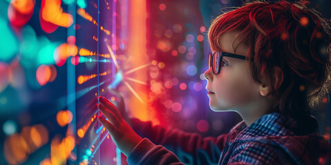 child using artificial intelligence on virtual screen with a simple minimalist colourful UI for communicating with friends online - future social media concept