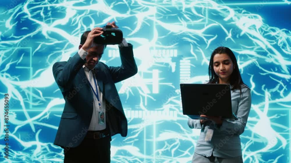 Poster engineers use vr smart goggles and ai neural networks to solve company problems. it experts using ar