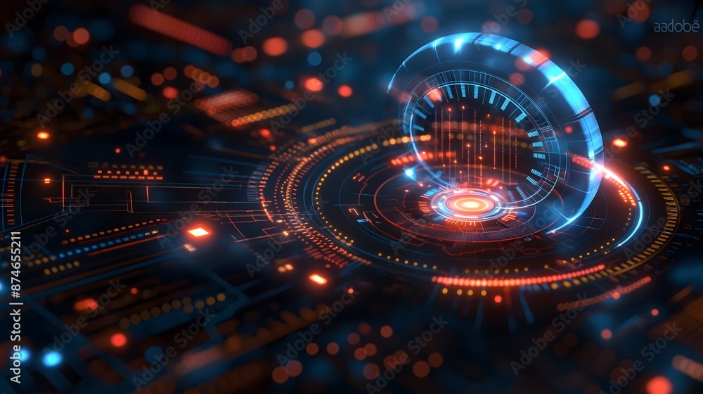 Poster a computer screen with a blue circle in the middle. the circle is surrounded by a lot of red and ora