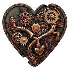 A steampunk heart with gears, cogs and pipes clipart png transparent background. The heart  