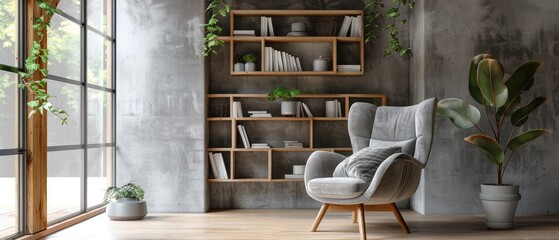Scandinavian style interior design of modern living room featuring a shelving unit near concrete wall and gray armchair near window