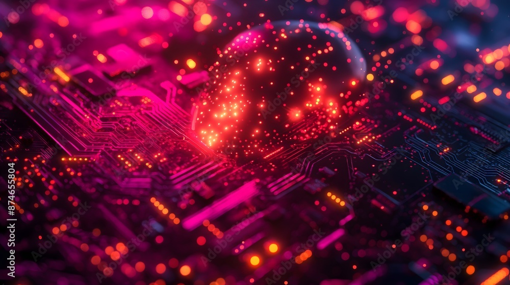 Poster a computer chip with a glowing red head. the chip is surrounded by a pink background. the image has 