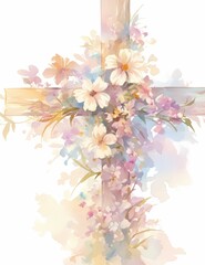 Watercolor Cross with Flowers in Pastel Colors, Clipart on White Background with Copy Space