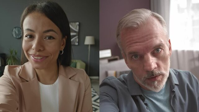 Split screen of diverse business couple having online video conference from home offices