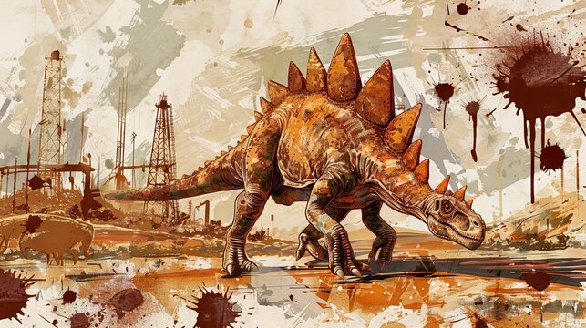 Post-apocalyptic dinosaur rampaging through a ruined cityscape. Concept of fantasy creature, urban destruction, survival challenge