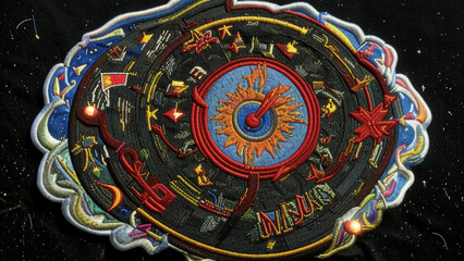 Fototapeta premium a close up of a circular embroidered design with a sun and stars