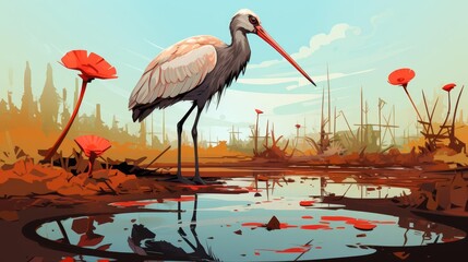 Fototapeta premium Ibis probing mud with its beak flat design top view wetland theme cartoon drawing vivid