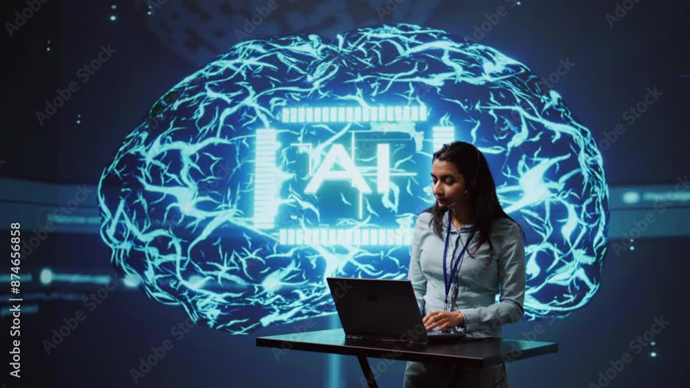 Aufkleber technician in high tech workspace managing call center tasks, speaking into headset while doing moni