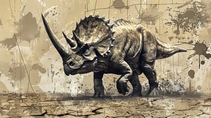Fototapeta premium Stylized triceratops in a post-apocalyptic scene, concept of prehistoric wildlife, end of the world scenario, digital art, dinosaur