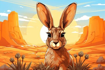 Jackrabbit with ears erect flat design top view desert theme cartoon drawing vivid