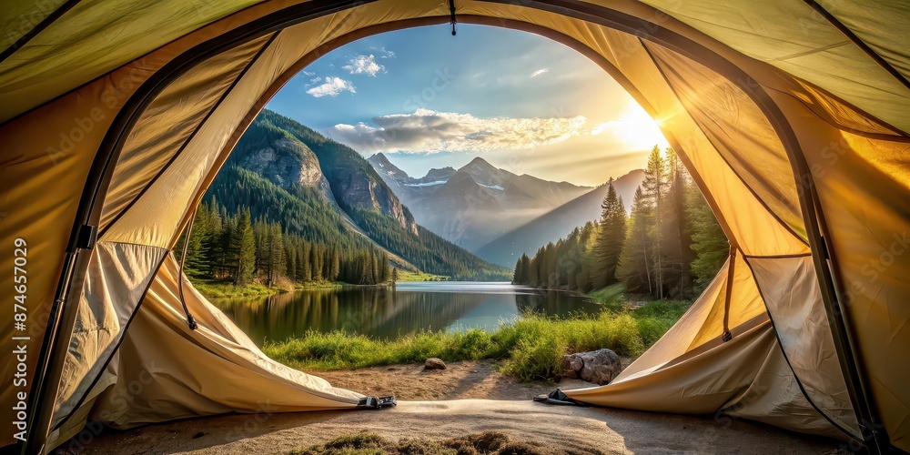 Poster Scenic view of nature from inside a camping tent , camping, tent, nature, outdoors, wilderness, view, landscape, travel