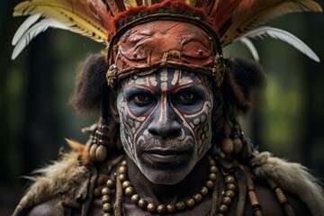 Portrait of a native man in tribal attire and painted face, showcasing cultural heritage