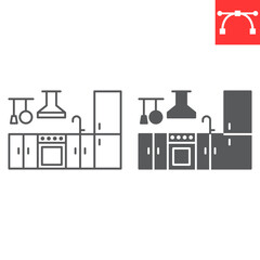 Kitchen furniture line and glyph icon, interior and home decor, kitchen interior vector icon, vector graphics, editable stroke outline sign, eps 10.