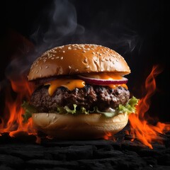 Hamburger on a wooden table