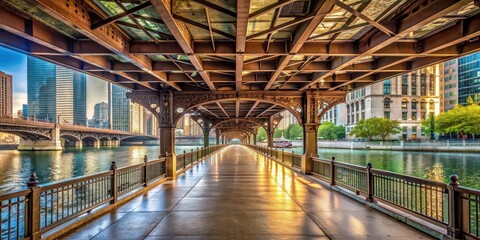 Fototapeta premium River walk pathway under the Dearborn Bridge in Chicago, Chicago, Dearborn Bridge, river walk, city, urban