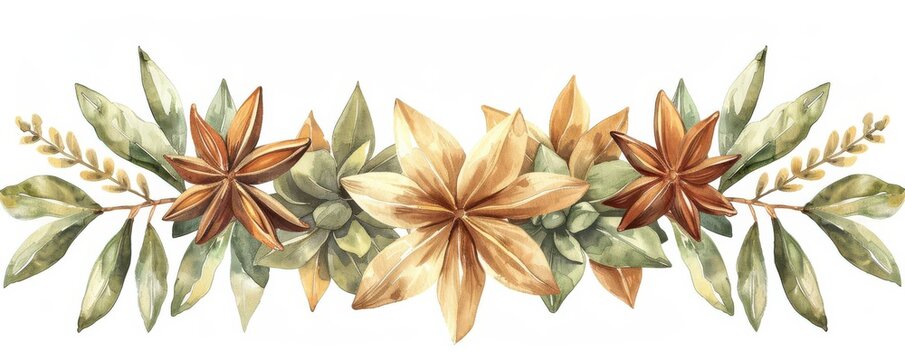 watercolor star anise and leaves border clip art preview