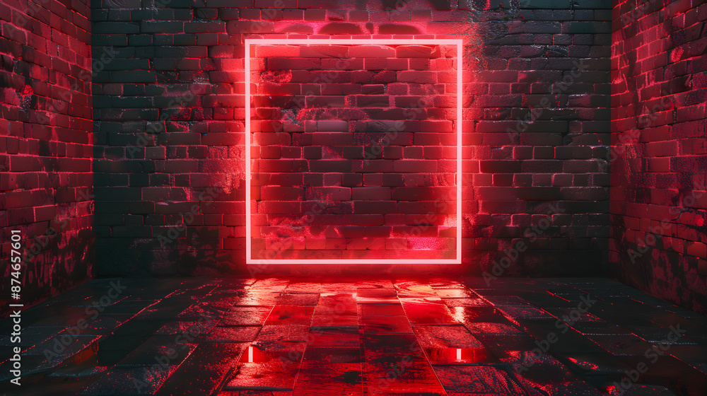Poster abstract neon scene with an empty room and a red square frame emitting a glow.