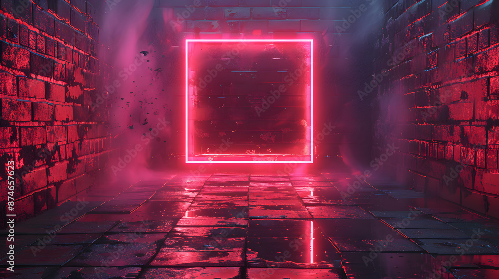 Poster abstract neon background featuring an empty room with a glowing red square frame.