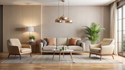 Fototapeta premium Modern beige interior with a stylish chair and sofa, room, chair, sofa, interior, beige, modern, furniture, design