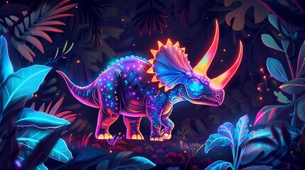 Neon lit triceratops in a lush jungle setting. Concept of prehistoric creatures, fantasy world, vibrant colors, dinosaur