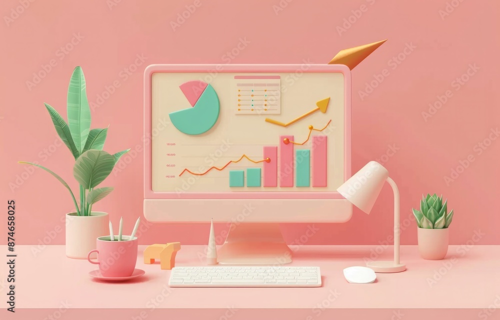 Aufkleber modern workplace with digital chart on computer screen and green plant on desk in office setting for