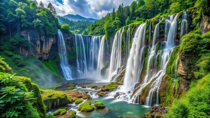 Naklejka premium Sichuan's breathtaking Nuorilang Waterfall cascading down lush green cliffs, China, Sichuan, Nuorilang, waterfall
