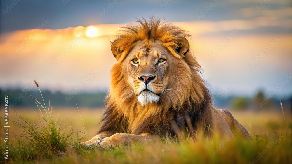 Canvas Prints Majestic lion resting in the savannah, lion, wild, safari, African, predator, mane, powerful, majestic, wildlife