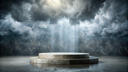 Realistic stone podium stage mockup with monsoon cloudy environment , stone, podium, stage, mockup, monsoon, cloudy