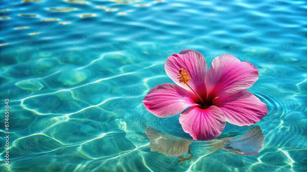 Sticker Pink hibiscus flower floating on clear blue water, Hibiscus, pink, flower, tropical, water, nature, relaxation, peaceful