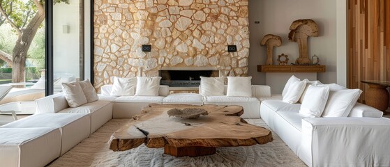 a minimalist living room in a villa with a wooden live edge accent coffee table positioned between white sofas by a fireplace with a stone cladding wall