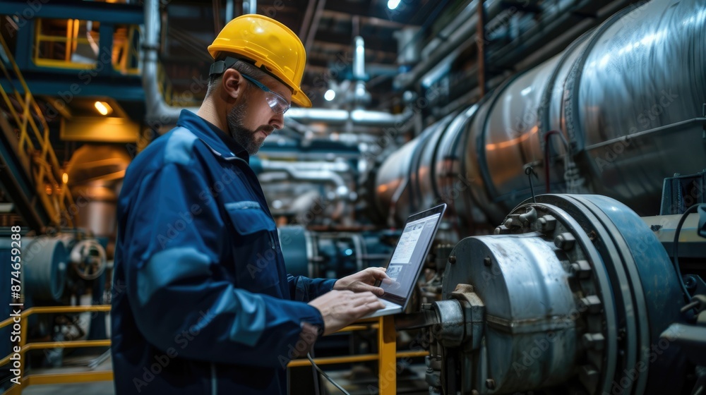 Poster skilled engineer checking iron machine in factory while using laptop to repair machine. industrial w