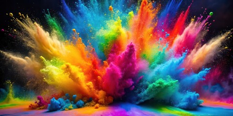 Powerful explosion of colorful rainbow holi powder on background. Collection of saturate paint backdrops
