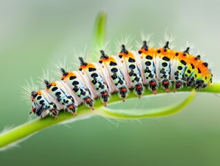 Naklejka premium A close-up of a colorful caterpillar on a green stem with a blurred background, showcasing the natural beauty of insects in their habitat.