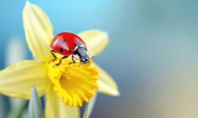 Naklejka premium A close-up of a red ladybug on a yellow daffodil flower with a soft blue background, highlighting the beauty of nature.