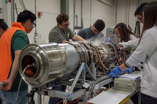 Students Working on Jet Engine Maintenance