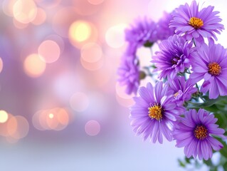 Beautiful purple flowers in focus on a blurred pastel bokeh background, creating a serene and...