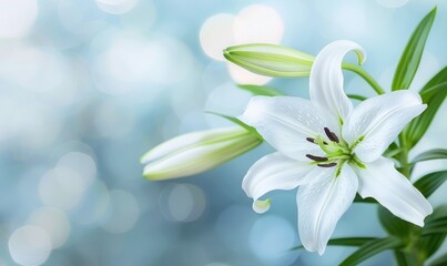 Fototapeta premium Beautiful white lily flower on a soft blue bokeh background, symbolizing purity and elegance in a serene setting.