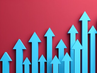 Blue arrows pointing upwards on a red background, symbolizing growth, progress, and upward trends in business and finance.