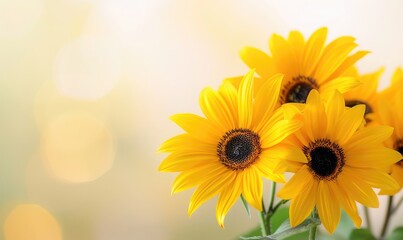Obraz premium Bright yellow sunflowers in full bloom against a soft blurred background, capturing the essence of summer and natural beauty.