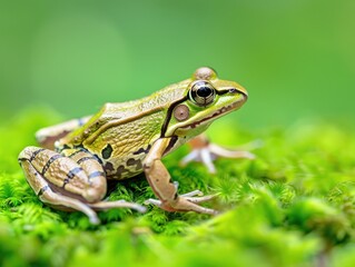 Fototapeta premium Close-up image of a green and brown frog sitting on vibrant green moss in a natural outdoor setting.